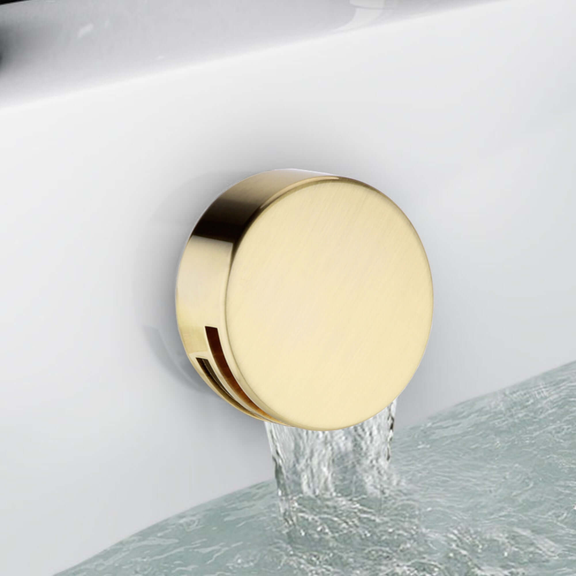 Buy Round freeflow bath filler with overflow and clicker waste - brushed brass Online UK | HOUSE OF ENKI